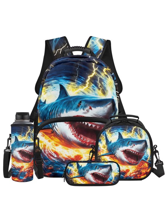 Backpack Set for Teens, Lightning Shark Boys Backpack and Lunchbox Set 4Pcs, 17 Inch Trendy Large Capacity Schoolbag Fits 13 Inch Laptop for Middle High School