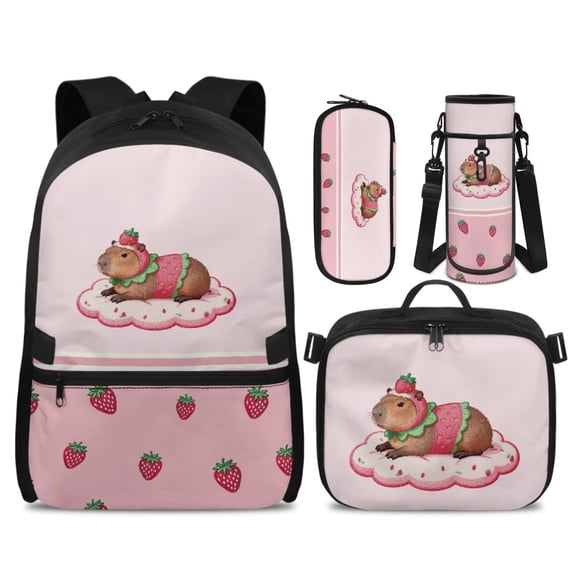 Yspwyqan Backpack Set for Teens, Strawberry Cloud Capybara Girls Backpack and Lunch Box Set with Pencil Case, 17 Inch Double Zip Casual Bookbag for High School Hiking
