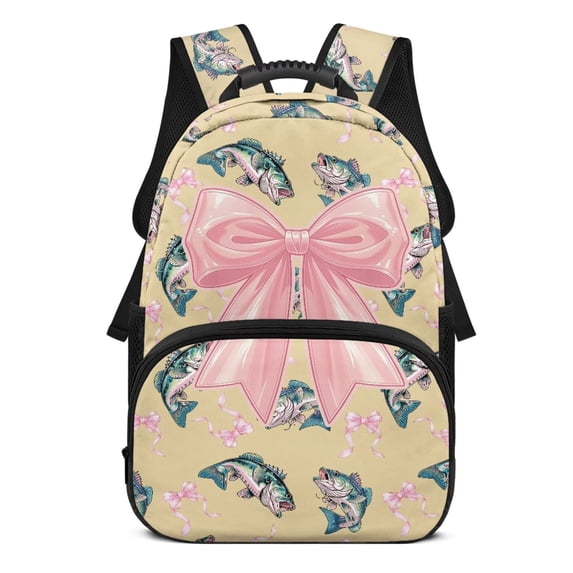 Yspwyqan Backpack for Teens Girls, Bass Fish Pink Bow 17 Inch Large Capacity Laptop Backpack, Side Pockets, Adjustable Straps, for High School College