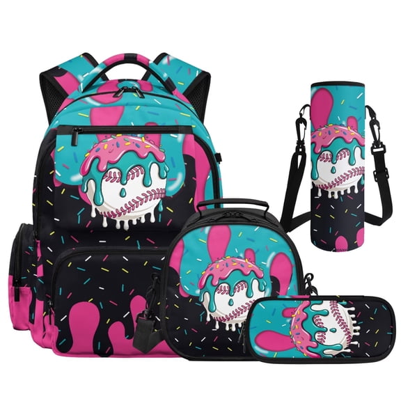 Yspwyqan Baseball Backpack Set Ages 8-15 for Girls, Ice Cream Drip 4Pcs Backpack and Lunch Box Set, Lightweight Front Pocket Casual Daypack for Travel