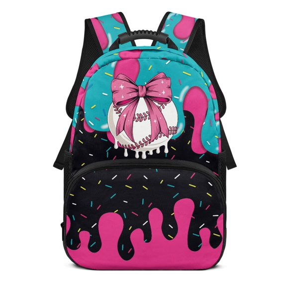Yspwyqan Baseball Bow Backpack for Teens Girls, Ice Cream Drip 17 Inch Large Capacity Laptop Backpack, Side Pockets, Adjustable Straps for High School College
