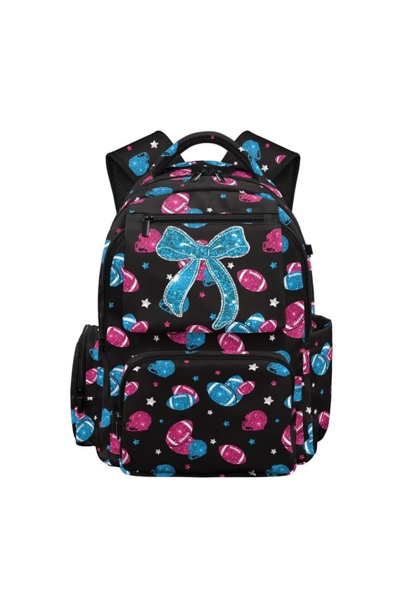 Big Kids Backpack 17 Inch for Girls, Rugby Glitter Bow Lightweight 600D Polyester School Backpack with Front Pocket Fits 15.6 Laptop for Elementary Middle School