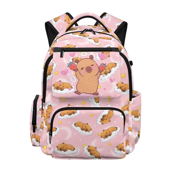 Yspwyqan Big Kids Backpack, 17 Inch School Backpack for Girls, Lightweight Angel Capybara Strawberry Casual Daypack for Elementary Travel Back to School