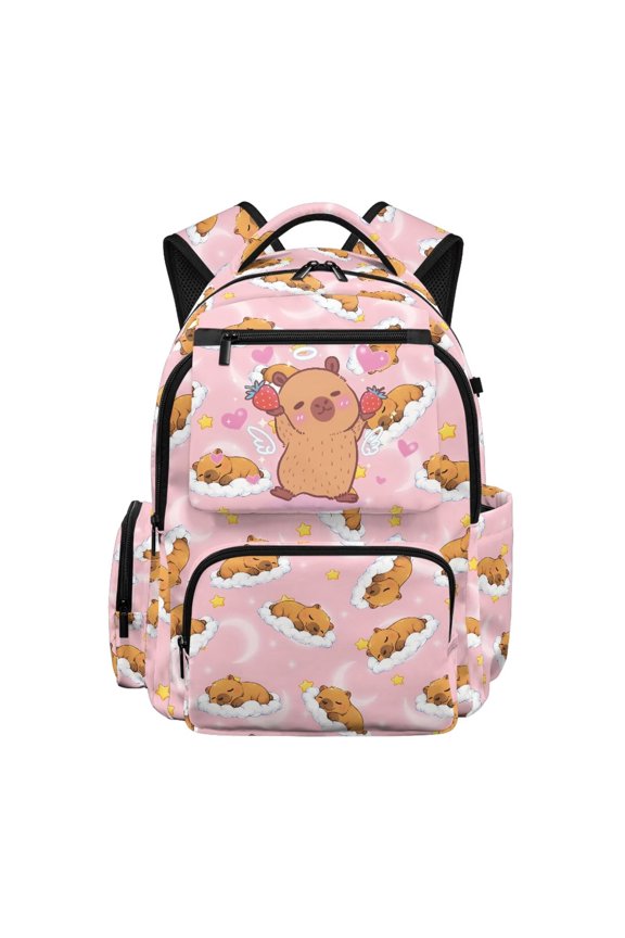Big Kids Backpack, 17 Inch School Backpack for Girls, Lightweight Angel Capybara Strawberry Casual Daypack for Elementary Travel Back to School