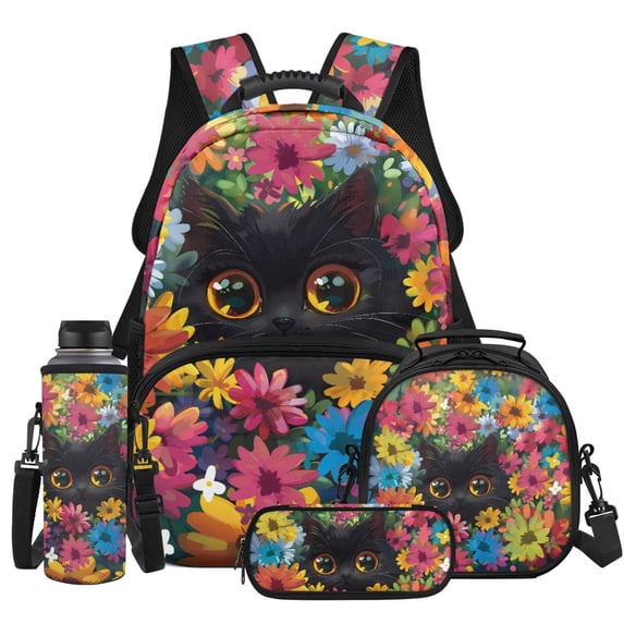 Yspwyqan Black Cat Backpack Set Kids Girls, Wild Floral 4 Piece Backpack Lunchbox Set with Pencil Case, 17 Inch Lightweight Padded Straps Bag for Elementary Middle School