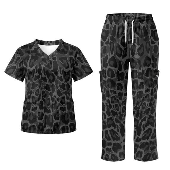 Yspwyqan Black Leopard Print Scrubs for Women Set, 2 Piece V-Neck Short Sleeve Scrub Top & Straight Leg Pants, Stretchy Breathable Lightweight Workwear with 6 Pockets for Nurse, Size S