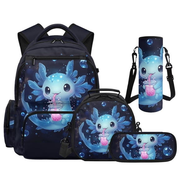 Yspwyqan Blue Axolotl Boba 4Pcs Backpack Set with Lunch Box Pencil Case Water Bottle, Multi-Pocket Lightweight Kids Backpack Set for Elementary Middle School