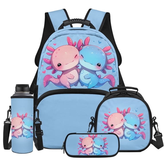 Yspwyqan Blue Axolotl Heart Backpack Set With Lunch Box Pencil Case Girls, 4Pcs 17 Inch School Backpack Fits 13 Inch Laptop, Large Capacity Adjustable Straps for Middle High School