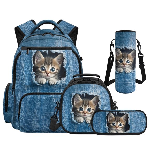 Yspwyqan Blue Denim Kitten Backpack Set for Elementary School, Kids Matching Lunch Box Set 4Pcs, Lightweight Padded Straps Bookbag with Front Pocket for Primary Middle Travel