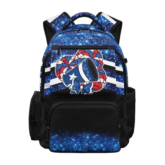 Yspwyqan Blue Glitter School Backpack for Kids Teens, 600D Polyester Lightweight Bookbag, Fits 15.6 Laptop, Cheerleader Megaphone Backpack for Elementary Middle High School