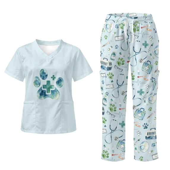 Yspwyqan Blue Vet Dog Paw Womens Print Scrub Set, 2 Piece Short Sleeve V-Neck Scrubs with 6 Pockets, Breathable Casual Quick Dry Uniform for Verterinary, Size 4XL