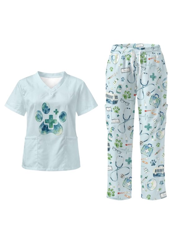 Yspwyqan Blue Vet Dog Paw Womens Print Scrub Set, 2 Piece Short Sleeve V-Neck Scrubs with 6 Pockets, Breathable Casual Quick Dry Uniform for Verterinary, Size 4XL