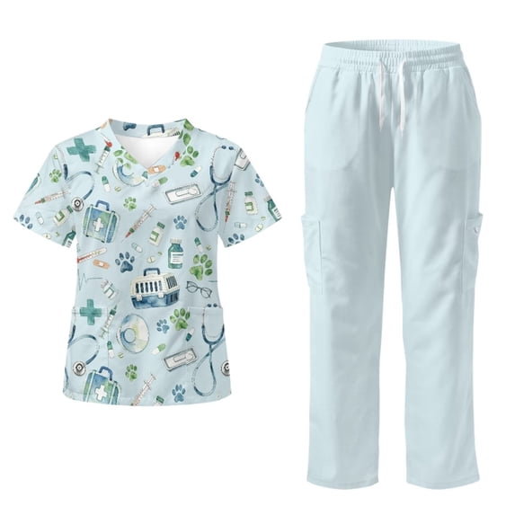 Yspwyqan Blue Vet Print Scrub Sets for Women, 2PCS V-Neck Scrub Top & Cargo Pants, Breathable Stretchy Uniforms with 6 Pockets for Pet Grooming Verterinary, Size 5XL