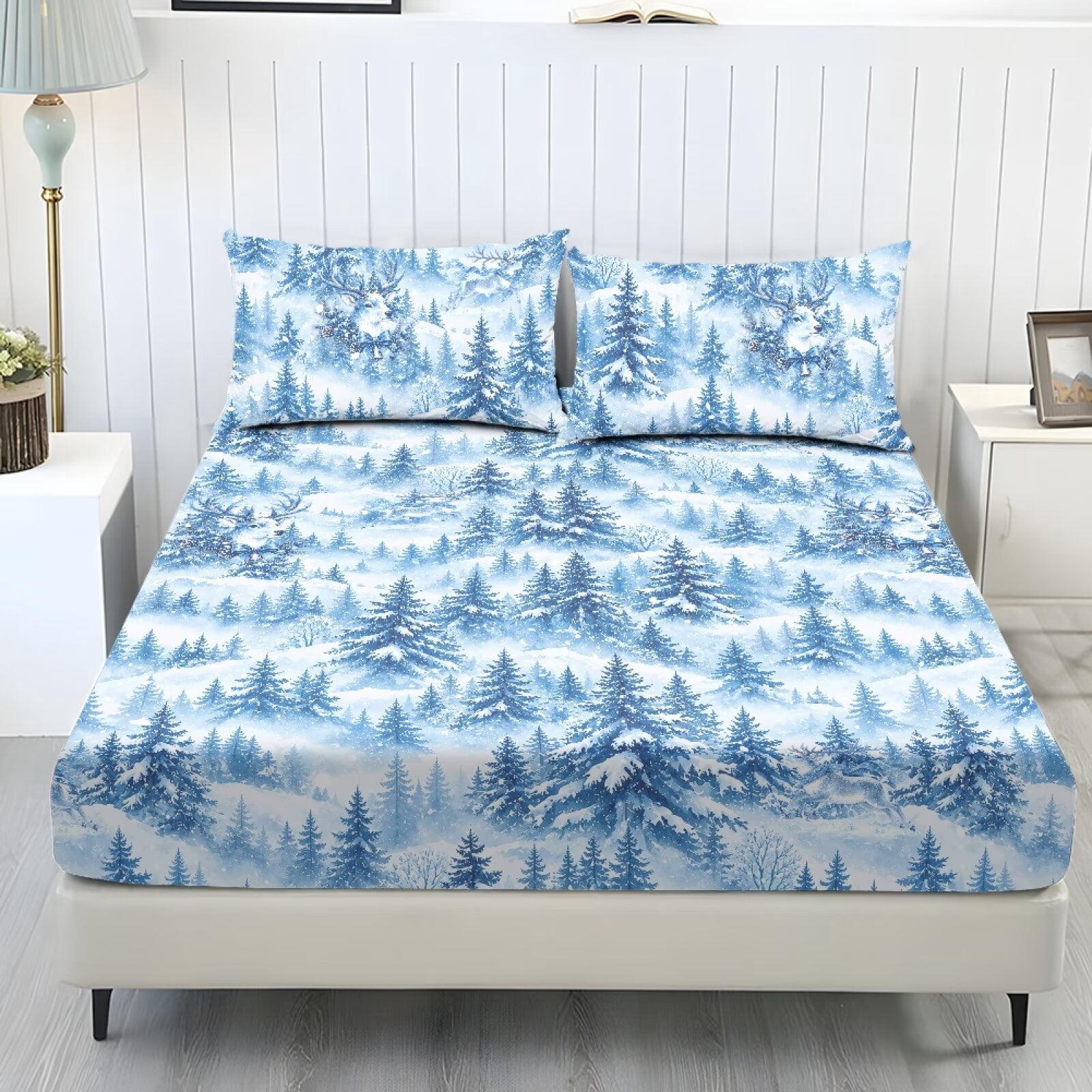 Yspwyqan Blue Winter Forest Fitted Sheet Set Oversized King Size, 3 ...