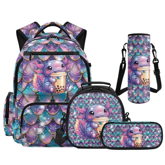 Yspwyqan Boba Axolotl School Backpack Set for Girls, with Lunch Box Pencil Case Water Bottle, Mermaid Scale Trendy Front Pocket Bookbags Fits 15.6 Laptop for Middle High School