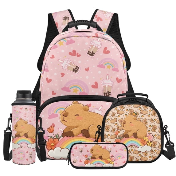 Yspwyqan Boba Tea Capybara Backpack Set With Lunch Box Pencil Case, 4Pcs 17 Inch Large Capacity Bookbag for Middle High School Travel Hiking Camping