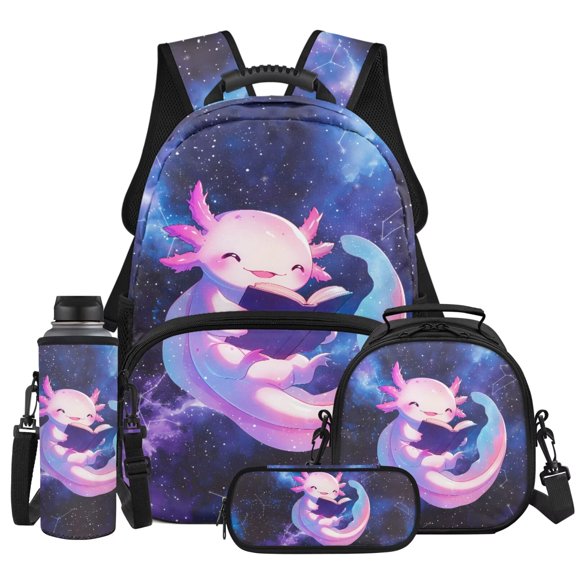 Yspwyqan Bookworm Axolotl Backpack Set for Girls, Galaxy 4 Piece School Backpack Set with Lunch Box Pencil Case, 17 Inch Fashionable Bookbag for High School Camping