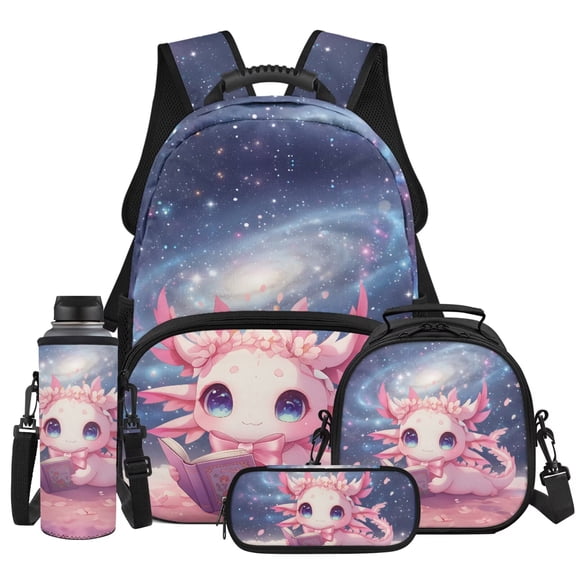 Yspwyqan Bookworm Axolotl Kids Backpack Set 4Pcs with Lunch Box Pencil Case Water Bottle, 17 Inch Lightweight Bookbag Fits 13 Inch Laptop for Elementary Middle School Travel