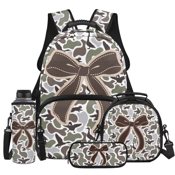 Yspwyqan Bow Backpack Set for Kids, 4Pcs with Lunch Box Pencil Case Water Bottle Bag, Grey Duck Camo Lightweight Bookbag Fits 13 Inch Laptop for Elementary Middle School