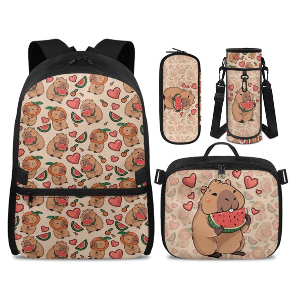 Yspwyqan Boys Backpack and Lunch Box Set, 4 Piece Backpack Set for School, Watermelon Capybara Fashion Lightweight School Bag with Adjustable Straps for Primary Elementary