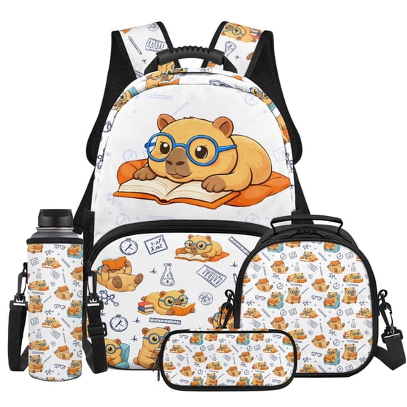 Yspwyqan Boys Backpack and Lunch Box Set, Bookworm Capybara 4 Piece Backpack Set, Lightweight Trendy Bookbag Fits 13 Inch Laptop for Middle School Travel Camping