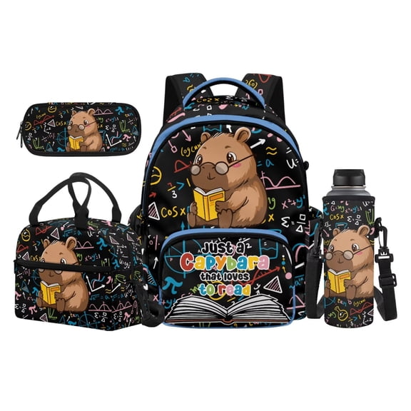 Yspwyqan Boys Backpack and Lunch Box Set, Bookworm Capybara 4 Piece Kids Backpack Set, Just A Capybara that Loves to Read Lightweight Laptop Backpack with Water Bottle Bag for Travel Hiking
