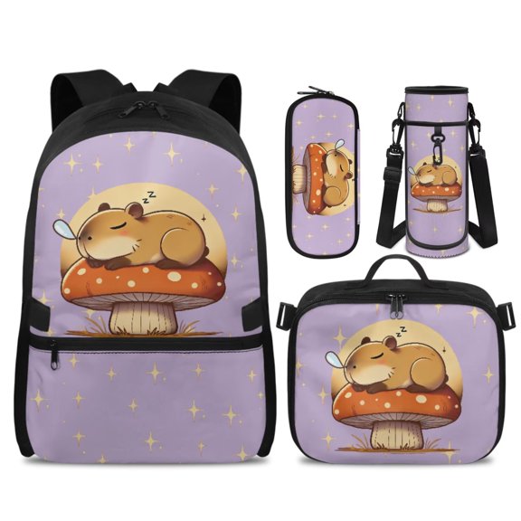 Yspwyqan Boys Backpack Lunchbox Set, Sleeping Capybara on Mushroom Backpack Set for School with Pencil Case, 17" Casual Fashion Bookbag with Double Zip for Middle School