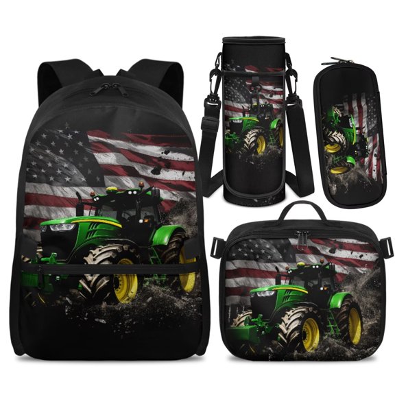 Yspwyqan Boys Backpack Lunchbox Set, USA Flag Green Tractor Backpack Set for School 4Pcs, Double Zipper Adjustable Straps Trendy Purse for Primary Elementary Travel