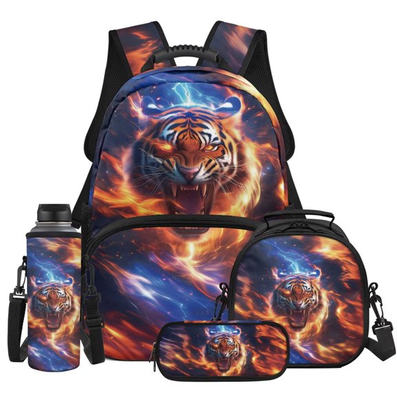 Yspwyqan Boys Backpack Set with Lunch Box Pencil Case, 4Pcs Lightweight Kids Backpack Set Fits 13 Inch Laptop, Lightning Fire Tiger Casual Fashion Bookbag for Middle High School