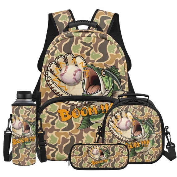 Yspwyqan Boys Baseball Backpack Lunchbox Set, Bass Fish Camo Backpack Set with Lunch Box and Water Bottle Bag, 17 Inch Adjustable Straps Large Capacity Daypack for Middle School Travel