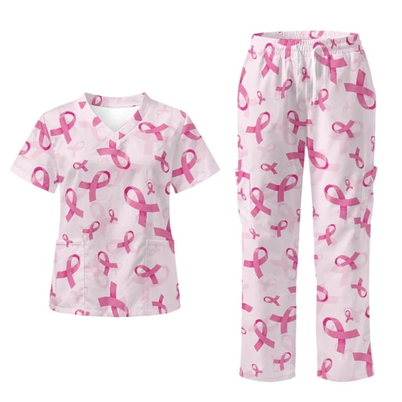 Yspwyqan Breast Cancer Pink Ribbon Scrub Set for Women Medical, Short Sleeve V-Neck Scrubs Size 2XL, Stretchy Comfortable Quick Dry Uniforms with Pockets for Nurse Healthcare