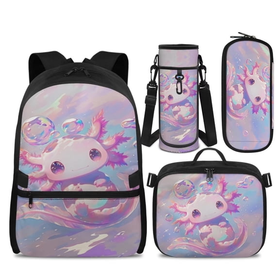 Yspwyqan Bubble Axolotl Girls Backpack Lunchbox Set, 4 Piece Backpack Set with Water Bottle Bag, Lightweight Fits 14 Inch Laptop, Double Zipper Bookbags for Back to School