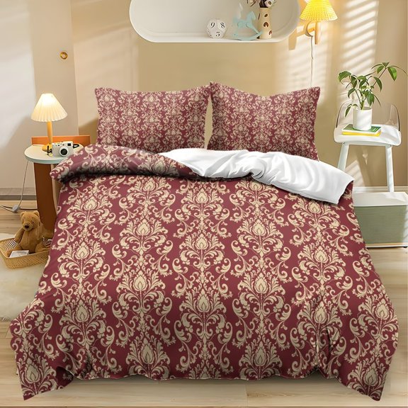 Yspwyqan Burgundy Damask Twin XL Bedding Set with 2 Pillowcases, Soft Breathable Comforter Set for Bed, Vintage Decorative Beds for Bedroom Guest Room All Season