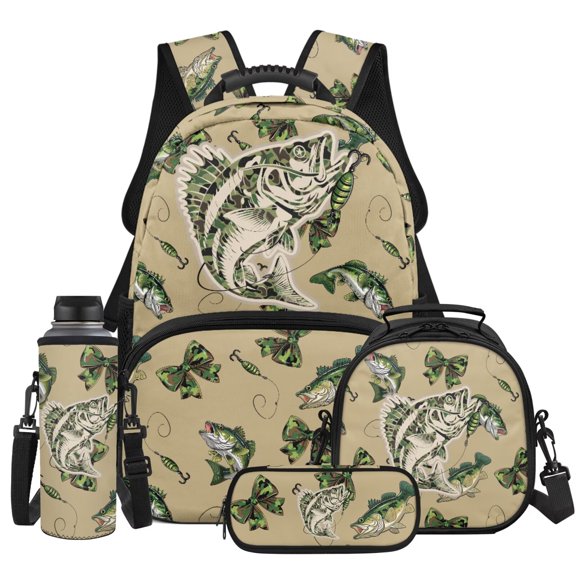 Yspwyqan Camo Backpack Set With Lunch Box Pencil Case Girls, Bass Fishing Bow 4Pcs 17 Inch School Backpack Set Fits 13 Inch Laptop, Large Capacity Bookbag for Middle High School