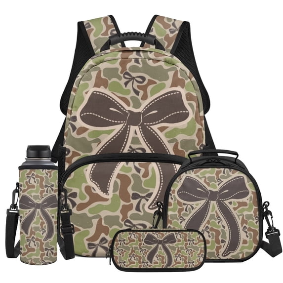 Yspwyqan Camo Bow Backpack Set for High School, Girls Backpack Set with Lunch Box and Water Bottle Bag, Large Capacity Adjustable Straps Daypack for Teens Hiking