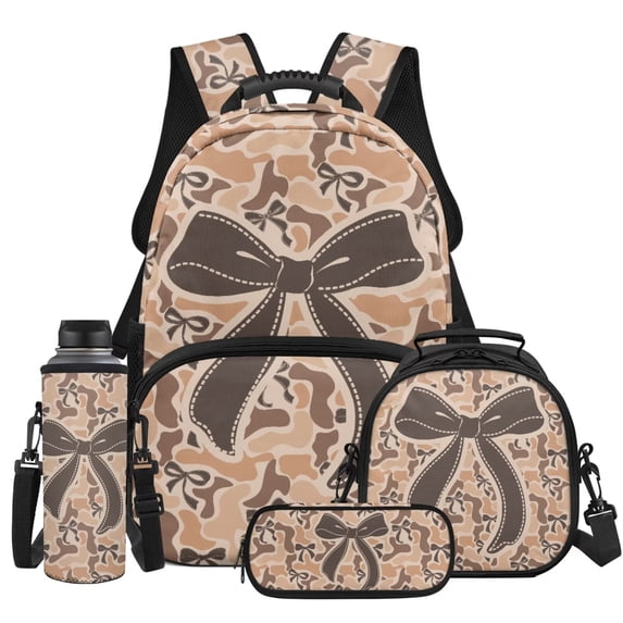Yspwyqan Camo Brown Bow Backpack Set With Lunch Box Pencil Case Girls, 4Pcs 17 Inch Large Capacity School Backpack, Adjustable Straps Casual Bookbag for Middle School
