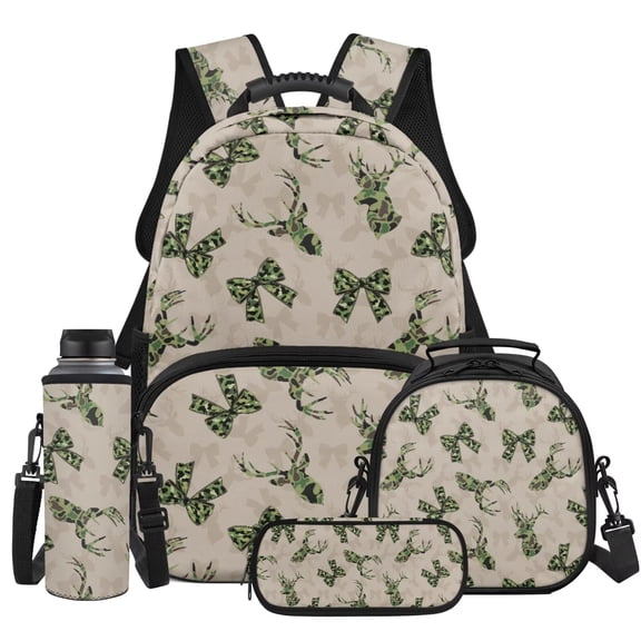 Yspwyqan Camo Deer Backpack Set Kids Girls, Camouflage Bow 4 Piece Backpack and Lunchbox Set with Pencil Case, 17 Inch Lightweight Padded Straps Bag for Elementary Middle School