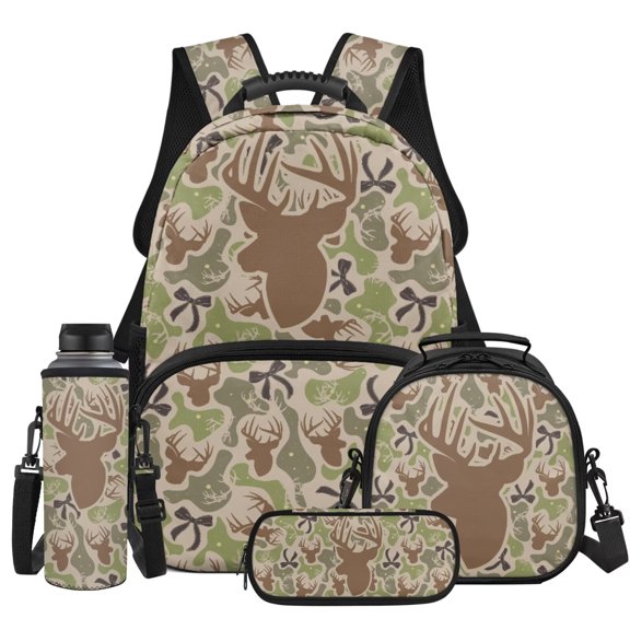 Yspwyqan Camo Deer Backpack Set for Middle School, Grey Bow Girls Backpack Lunchbox Set 4Pcs, 17 Inch Large Capacity Padded Straps Bookbag for Hiking Back to School