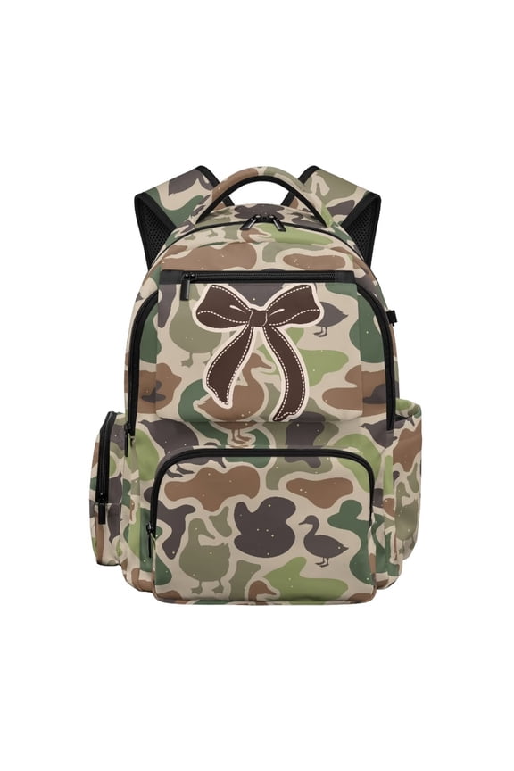Camo Duck Bow School Backpack for Kids, 17 Inch Large Capacity Lightweight Schoolbag 600D Polyester Multi-Pocket Bookbag Fits 15.6 Laptop for Elementary Middle School