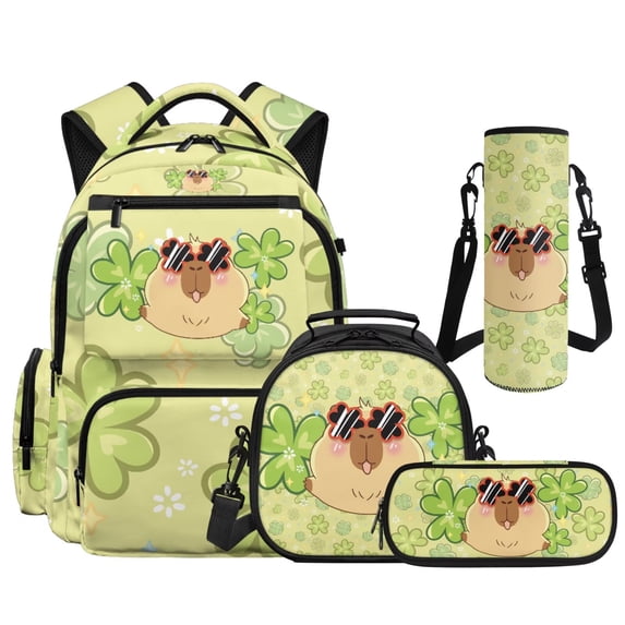 Yspwyqan Capybara Green Clover Kids Backpack Set for High School, with Lunch Box Water Bottle Bag, 17 Inch Lightweight Large Capacity Backpack for Boys Teens Travel Hiking