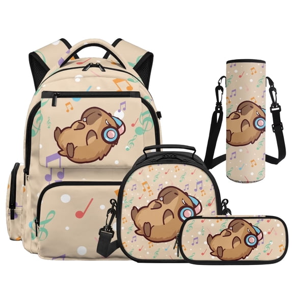 Yspwyqan Capybara Musical Backpack Set Kids Boys, 4 Piece Backpack Lunchbox with Pencil Case, 17 Inch Lightweight Padded Straps Bookbag Multi-Pocket for Elementary School