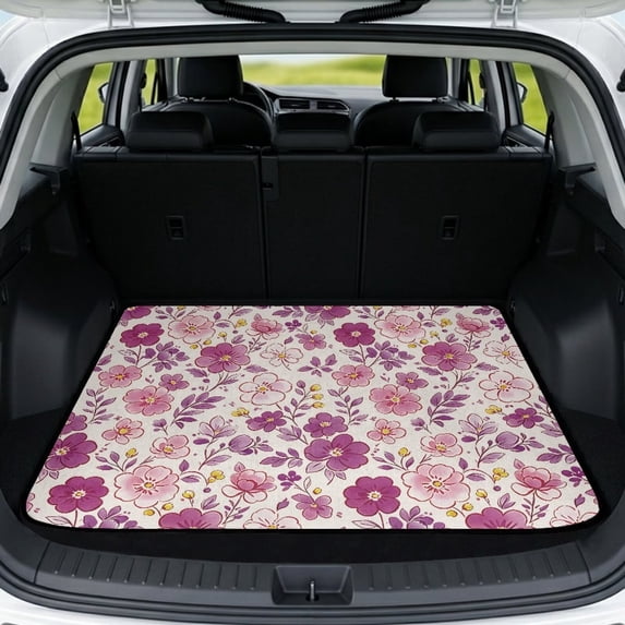Yspwyqan Car Trunk Mat, Universal 29" x 39" Gripped Bottom Cargo Liner, Purple Floral Season-Resistant Auto Interior, Fits Most Sedans SUVs Wagons for Daily Commute Trips