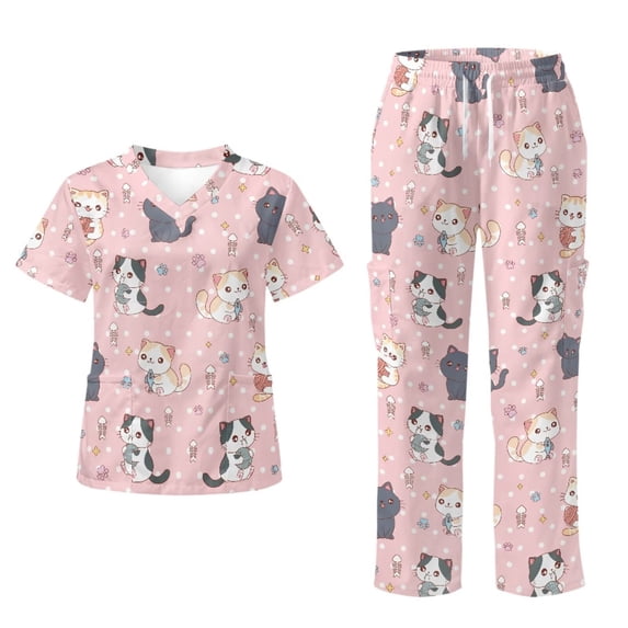 Yspwyqan Cartoon Cat Scrubs for Women Set Size XL, 2PCS V-Neck Stretchy Scrub Top & Straight Leg Pants, 6 Pockets Breathable Lightweight Medical Nurse Uniforms