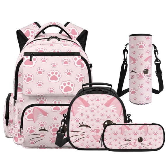 Yspwyqan Cat Paw Print Backpack Set With Lunch Box Pencil Case Girls, 4Pcs 17 Inch Fits 15.6 Laptop Bookbag Large Capacity Adjustable Straps Multi-Pocket Bags for School
