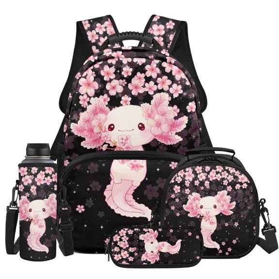 Yspwyqan Cherry Blossom Axolotl Backpack Set for Teens, Girls Lunchbox Set 4Pcs, 17 Inch Trendy Large Capacity School Backpack Fits 13 Inch Laptop for High School Hiking