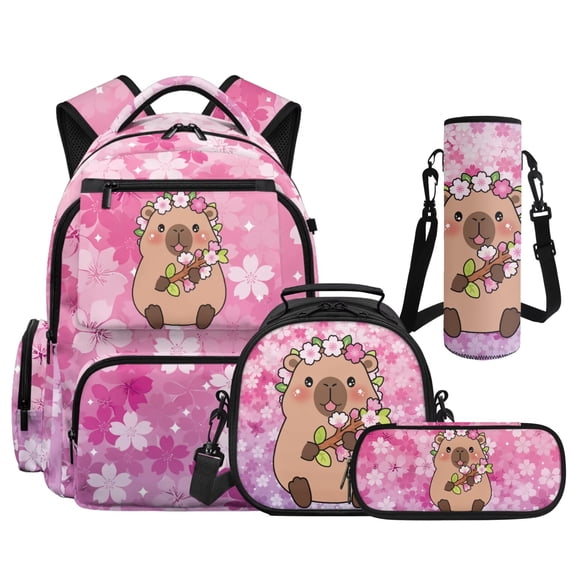 Yspwyqan Cherry Blossom Capybara Backpack Set With Lunch Box Pencil Case Girls, 4Pcs 17 Inch School Backpack Set Fits 15.6 Laptop Large Capacity Multi-Pocket Bags for School