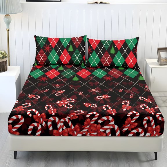 Yspwyqan Christmas Candy Cane Argyle Twin Fitted Sheet Set, Cozy Breathable Bed Sheet with Standard Pocket, Xmas Snowflake Bedding for Holiday Bedroom Decor