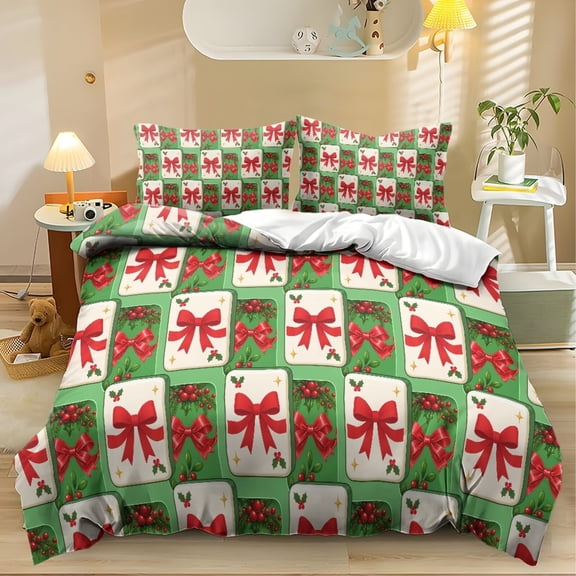 Yspwyqan Christmas Comforter Set Twin XL Size, Soft Breathable Mahjong Bow Print Bedding for Bedroom Guest Room, Festive Holiday Bed Set with 2 Pillow Shams for Xmas Decor