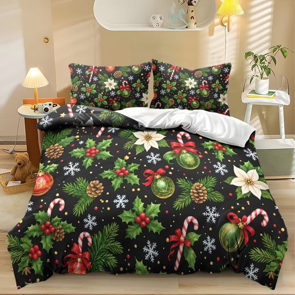 Yspwyqan Christmas King 3 Piece Comforter Set, Soft Winter Holly Candy Cane Bedding Set Bed in a Bag for All Season, Festive Home Bedroom Decoration