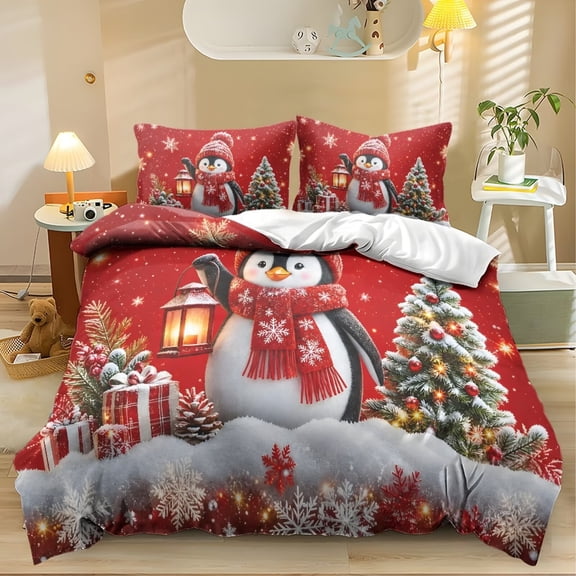 Yspwyqan Christmas Penguin Queen Size Comforter Set 3 Piece, Soft Breathable Bed in a Bag Bedding with Snowy Tree Pattern for Xmas Winter Holiday Bedroom Decor